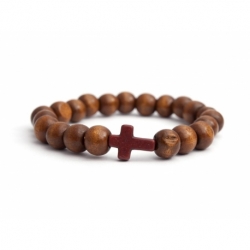 Light Brown Wood Big Beads Bracelet With Brown Cross