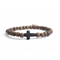 Dark Brown Wood Very Little Beads Bracelet For Man With Black Cross