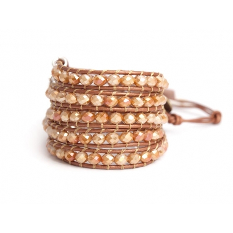 White Wrap Bracelet For Woman - Crystals Onto Natural Brown Leather