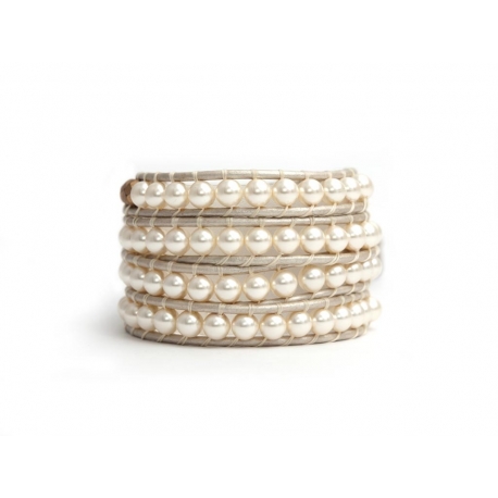 Cream Swarovski Wrap Bracelet For Woman. Elegance Onto A Pearl Leather