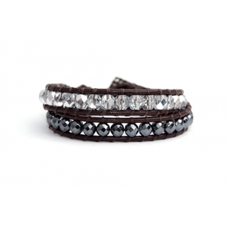 Black Wrap Bracelet For Woman - Precious Stones Onto Natural Light Leather