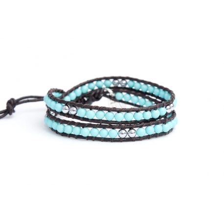 Double Wrap. Turquoise And Silver Hematite Wrap Bracelet For Man. Turquoise And Silver Hematite Onto Black Leather