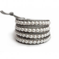 White Swarovski Wrap Bracelet For Woman. Elegant Pearls Onto Titanium Leather