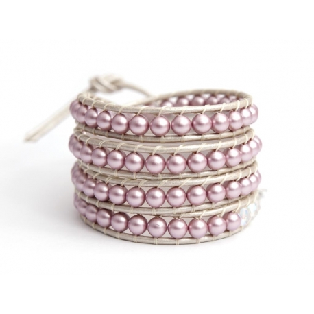 Rose Swarovski Pearls Wrap Bracelet For Women. Polished Pearls Onto White Pearl Leather