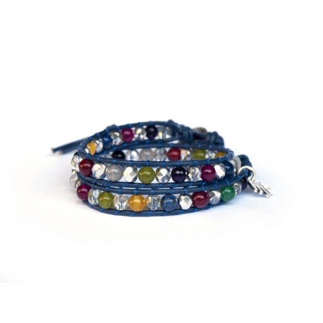 Mix Colored Wrap Bracelet For Woman - Precious Stones Onto Blue Leather