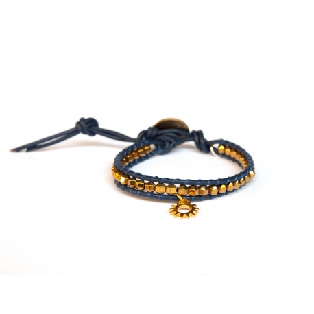 Gold Wrap Bracelet For Woman - Precious Stones Onto Blue Leather And Charm