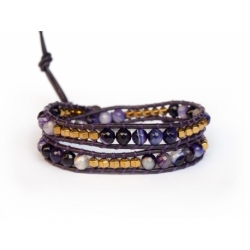 Mix Colored Wrap Bracelet For Woman - Precious Stones Onto Amethyst Purple Leather