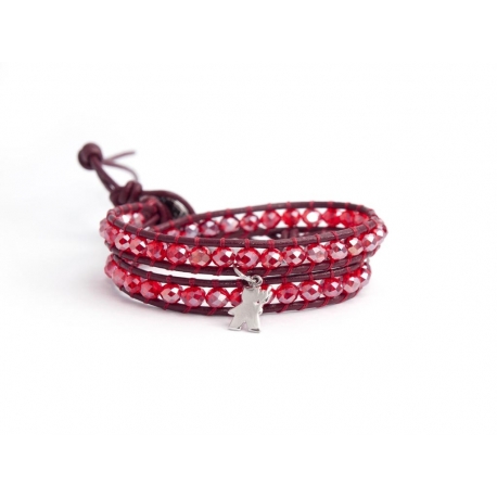 Red Wrap Bracelet For Woman - Crystals Onto Dark Red Leather And Silver Charm