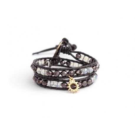Mix Colored Wrap Bracelet For Woman - Crystals Onto Dark Brown Leather And Charm