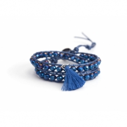 Metallic Blue Wrap Bracelet For Woman - Crystals Onto Metallic Blue Leather And Charm