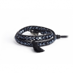 Black Wrap Bracelet For Woman - Crystals Onto Black Leather And Charm