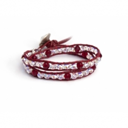 Extra Bright Swarovski Wrap Bracelet For Woman Onto Dark Red Leather With Ruby Red Crystlas And Swarovski Button