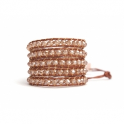 Gold Wrap Bracelet For Woman - Crystals Onto Natural Light Leather