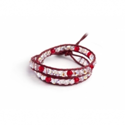 Red Tones Wrap Bracelet For Woman. Swarovski Crystals Onto Fire Red Leather And Swarovski Button