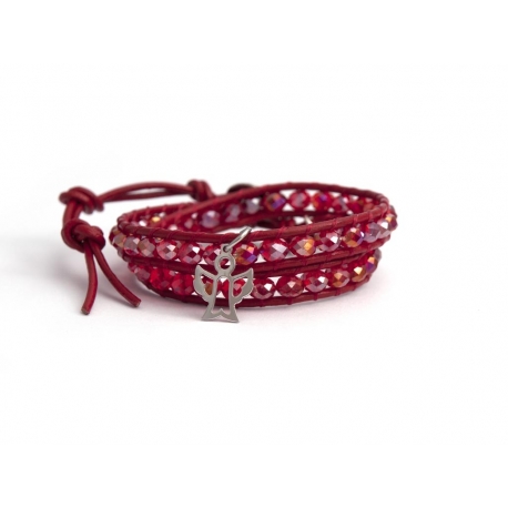 Red Wrap Bracelet For Woman - Crystals Onto Light Red Leather And Silver Charm