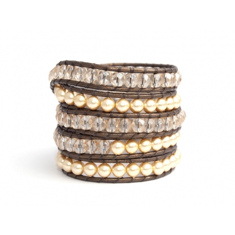 Gold Swarovsky Pearls And Crystals Wrap Bracelet For Woman Onto Bronze Leather