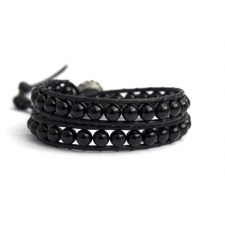 Black Wrap Bracelet For Woman - Precious Stones Onto Black Leather