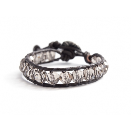 Greige Swarovski Wrap Bracelet For Woman. Swarovski Crystals Onto Dark Brown Leather