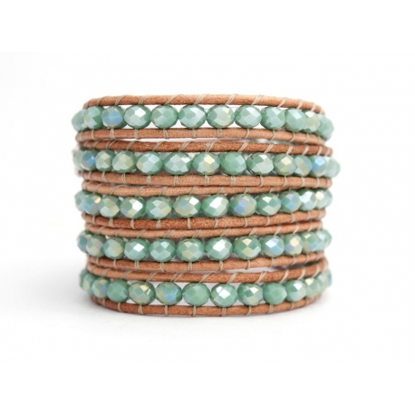 Blue Wrap Bracelet For Woman - Crystals Onto Dark Green Leather